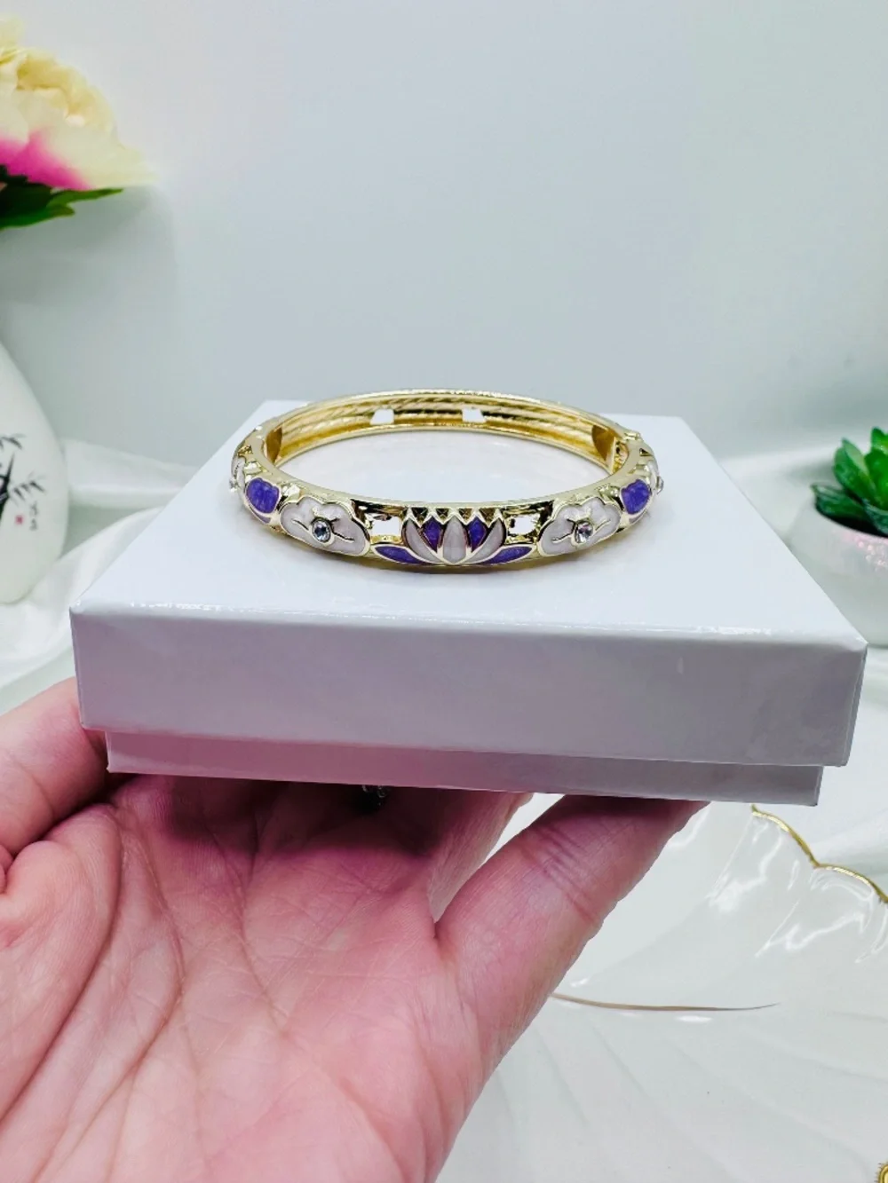 Gold Tone Purple Lotus Flower Enamel Hinged Bangle Bracelet Boho Floral
